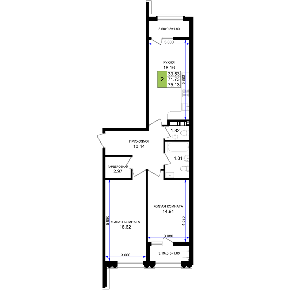 Планировка 2-комнатная 75,13 м²