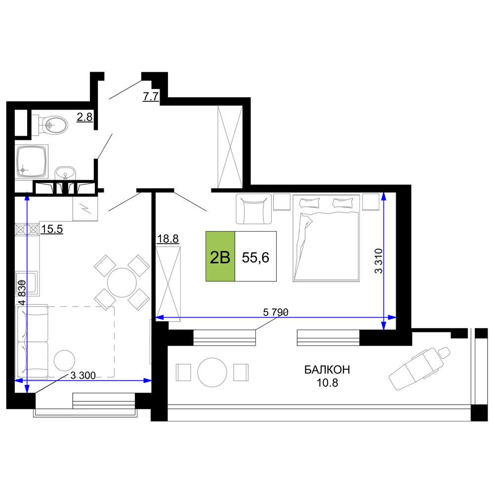 Планировка 2-комнатная 55,6 м²