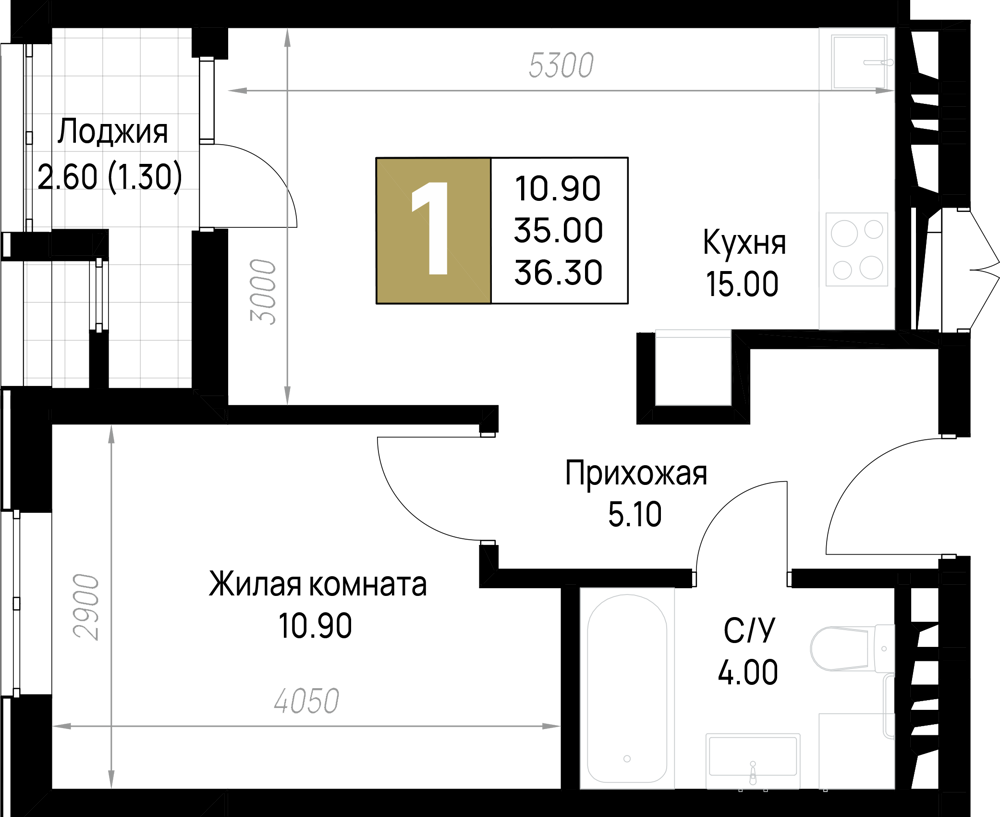 Планировка 1-комнатная 36,3 м²