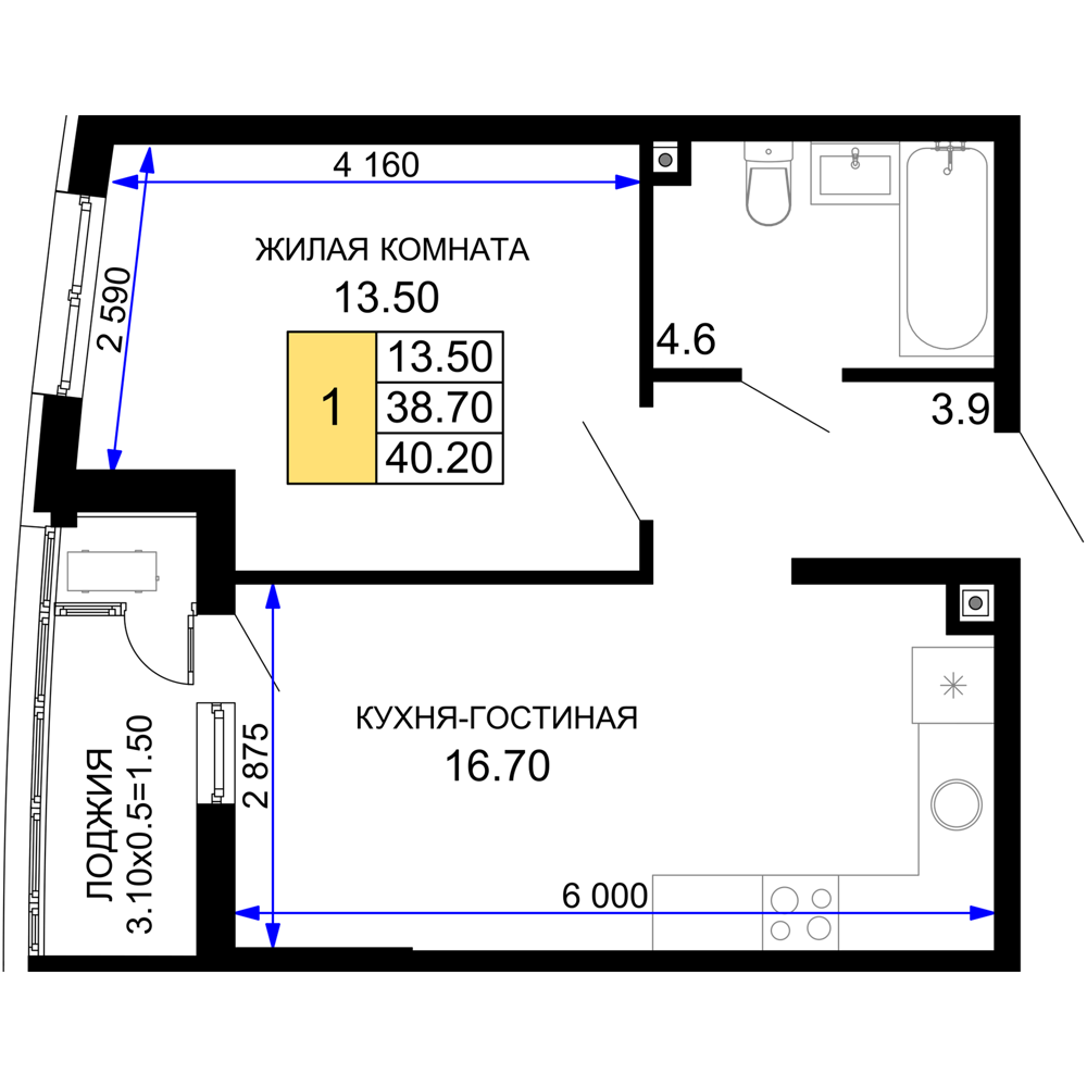 Планировка 1-комнатная 40,2 м²