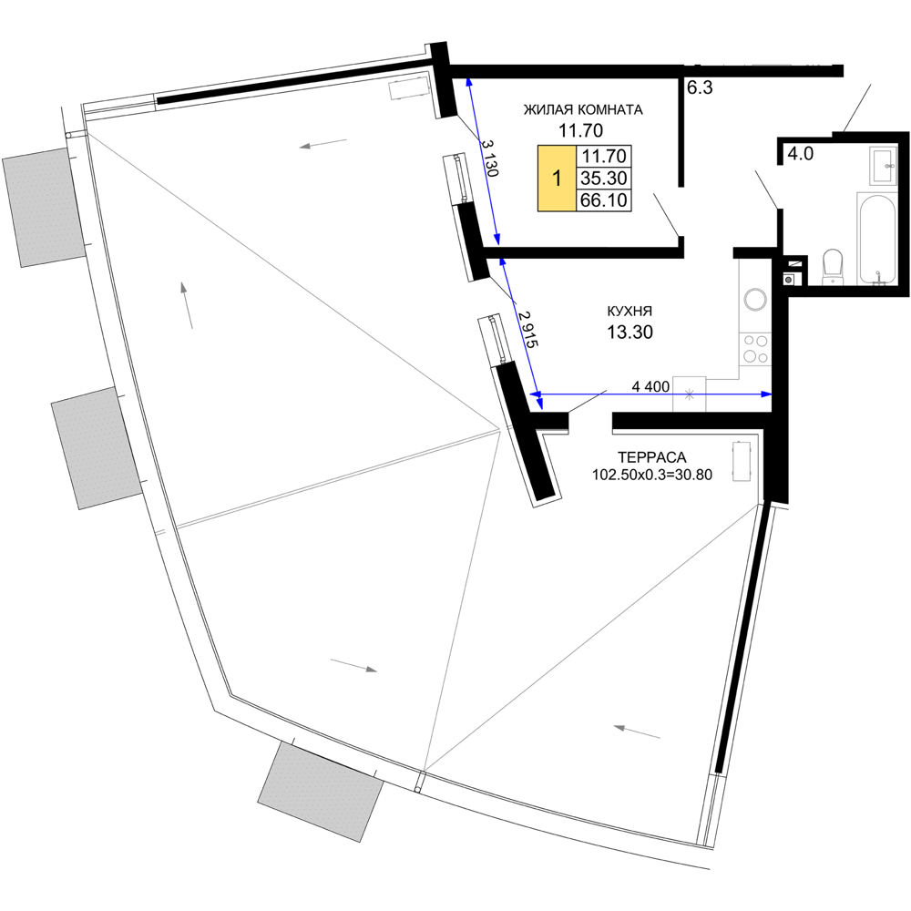 Планировка: 1-комн. квартира 66,1 м²