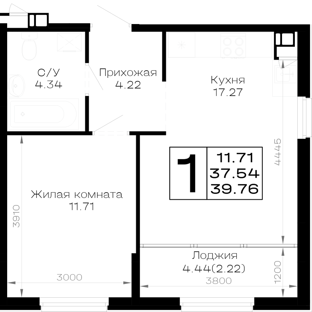 Планировка 1-комнатная 39,76 м²