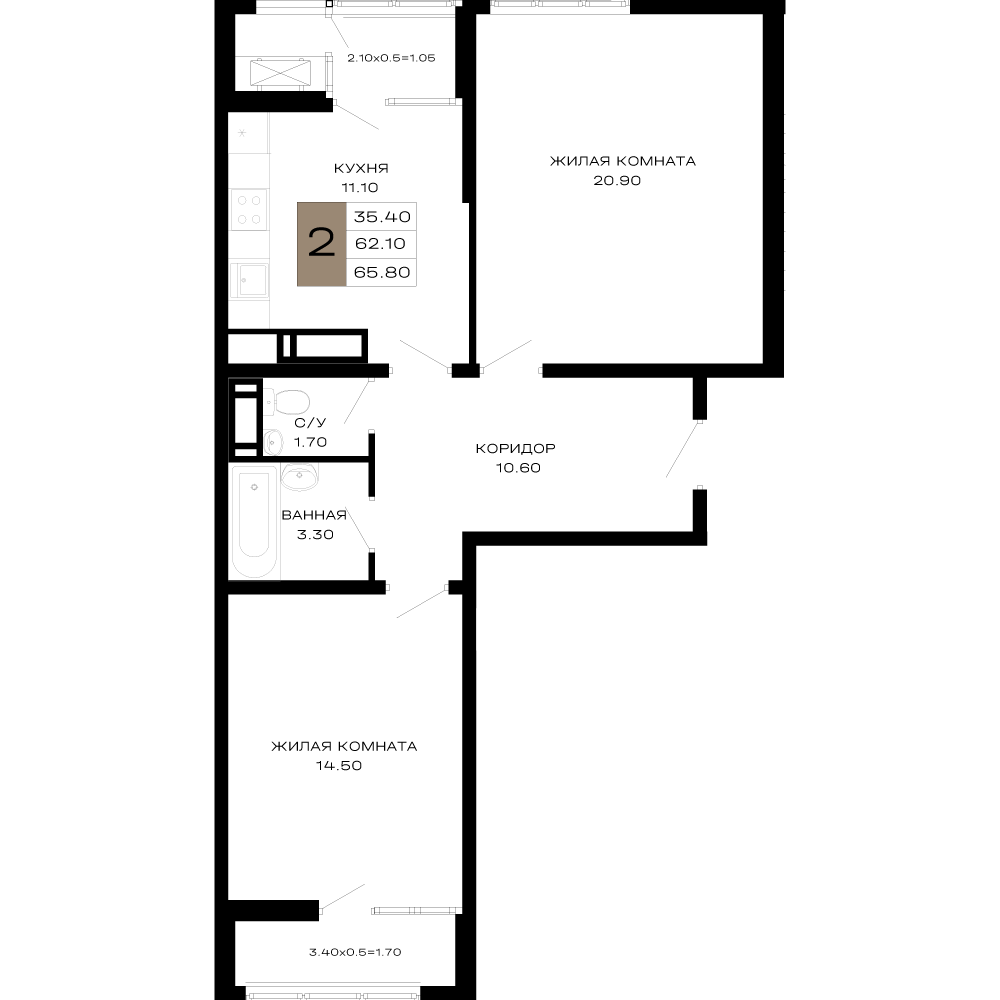 Планировка 2-комнатная 65,4 м²