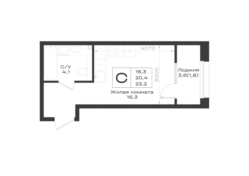 Планировка Студия 22,2 м²