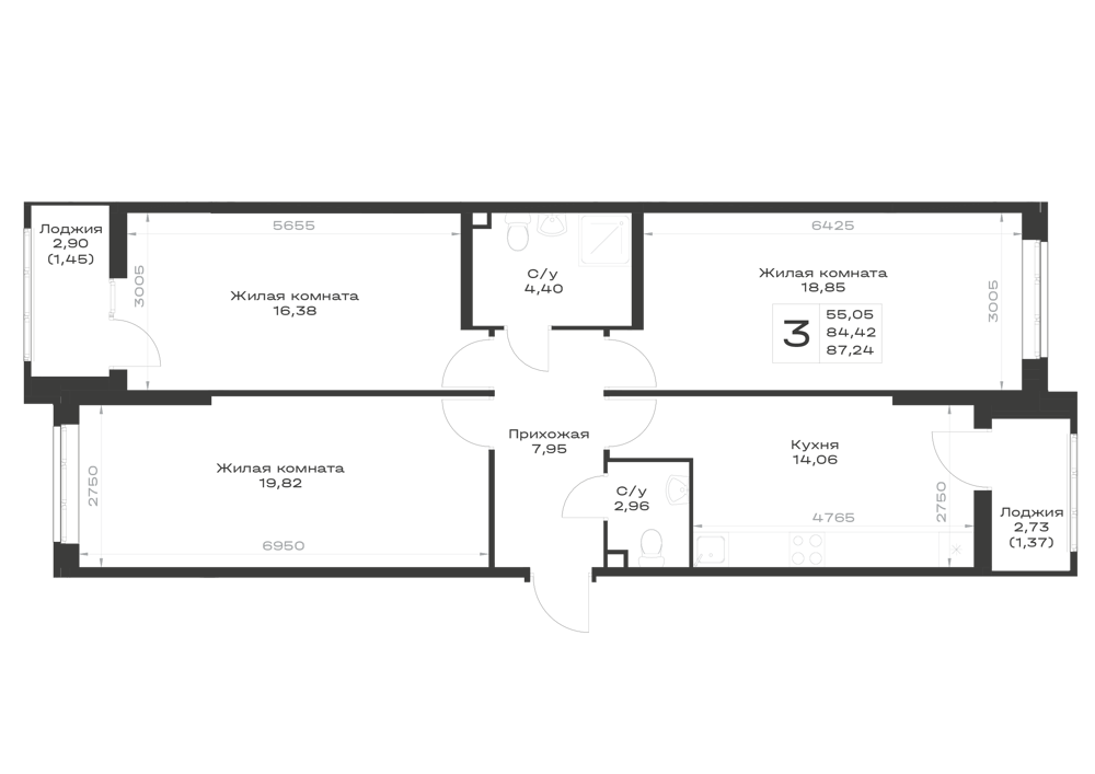 Планировка 3-комнатная 87,24 м²