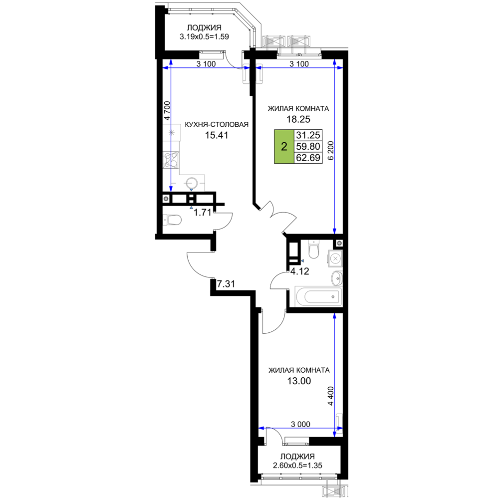 Планировка: 2-комн. квартира 62,7 м²