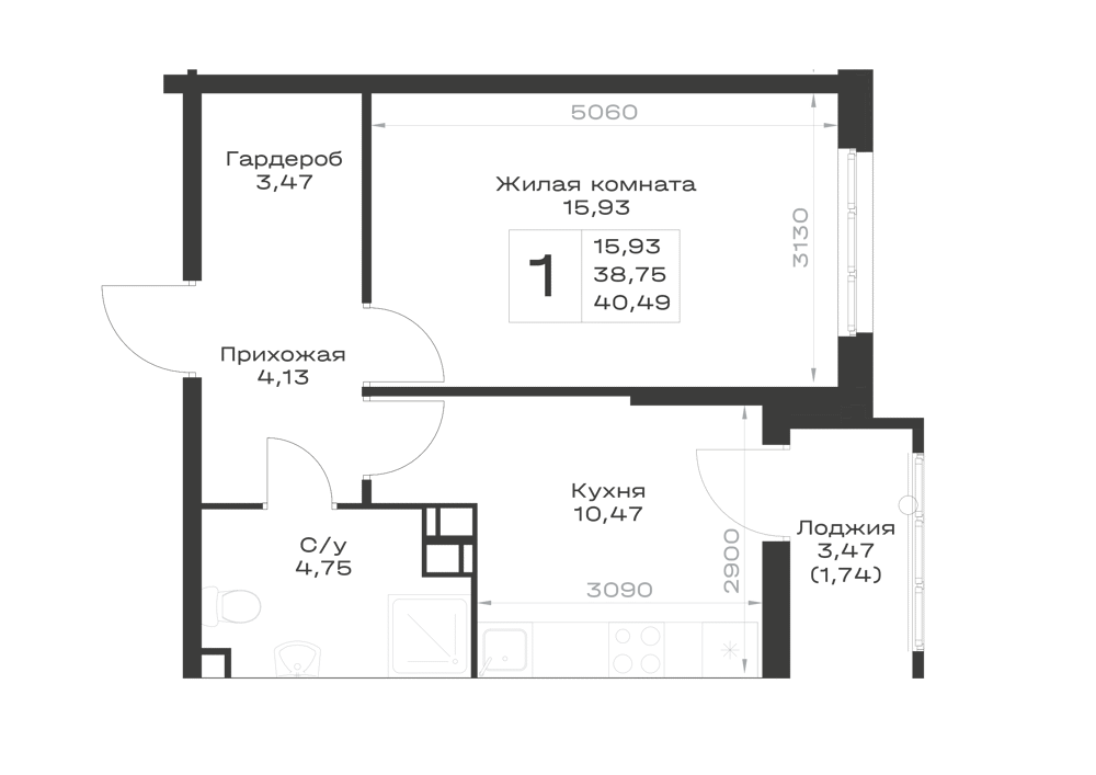 Планировка 1-комнатная 40,49 м²