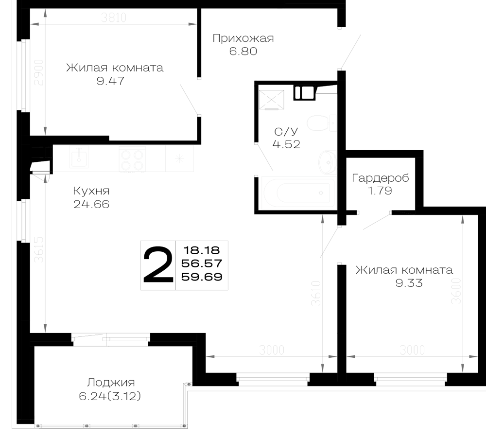 Планировка: 2-комн. квартира 59,7 м²