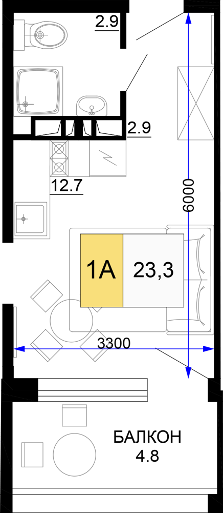Планировка 1-комнатная 23,3 м²