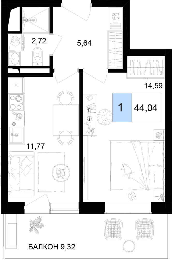 Планировка 2-комнатная 44,04 м²