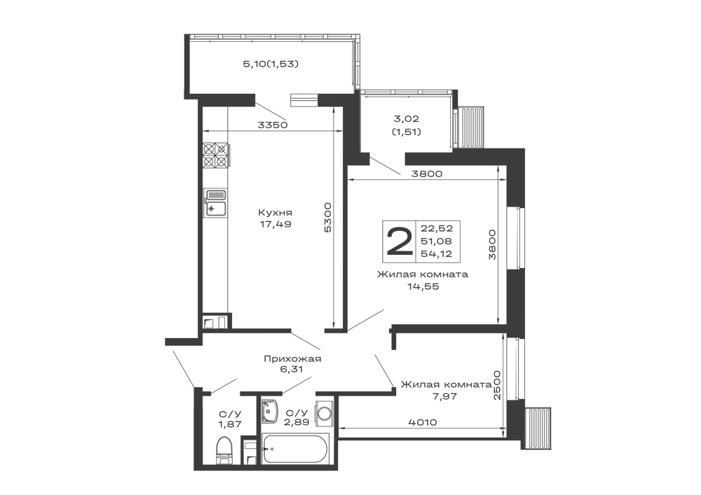 Планировка: 2-комн. квартира 54,1 м²