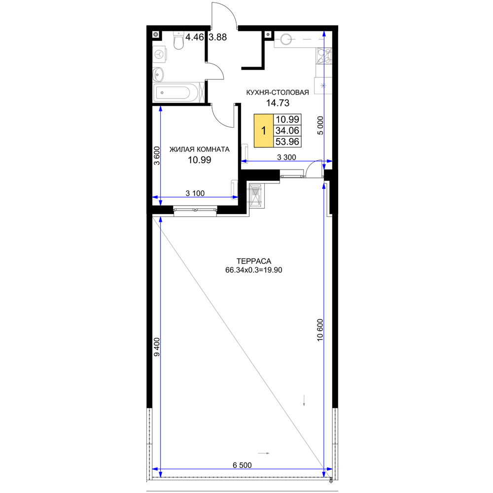 Планировка 1-комнатная 53,96 м²