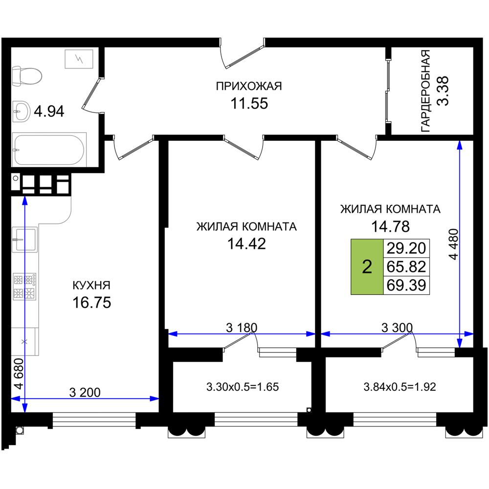 Планировка 2-комнатная 69,39 м²