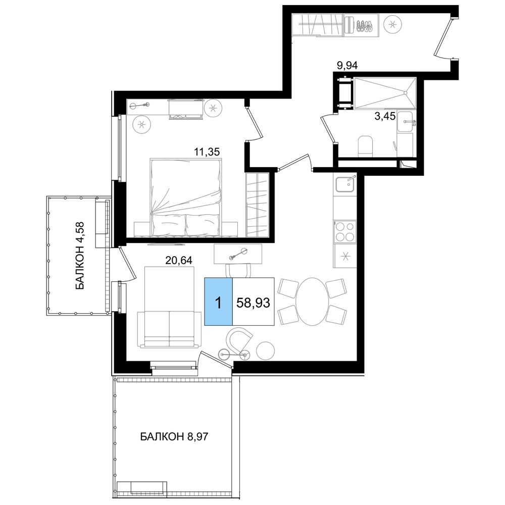 Планировка 2-комнатная 58,93 м²