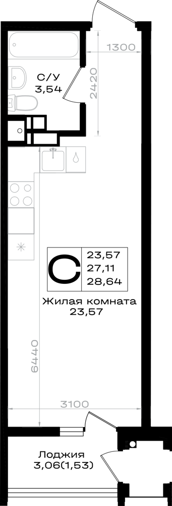 Планировка Студия 28,64 м²