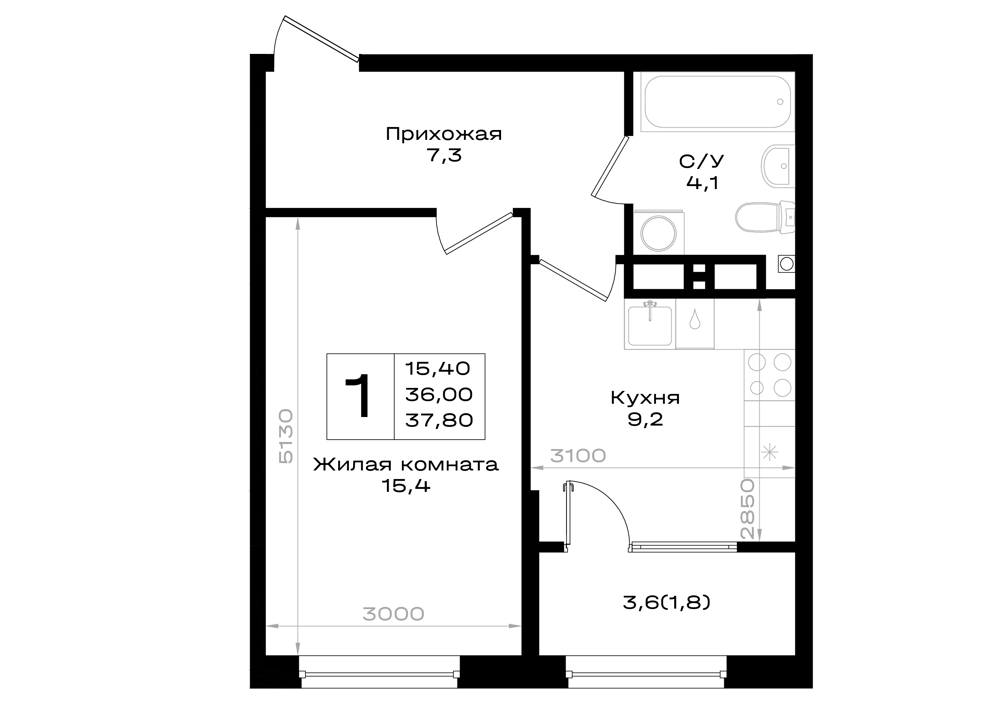 Планировка 1-комнатная 37,8 м²
