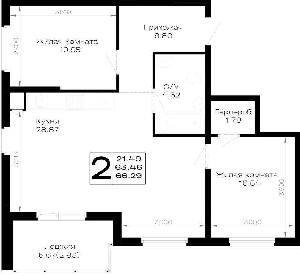 Планировка: 2-комн. квартира 66,3 м²