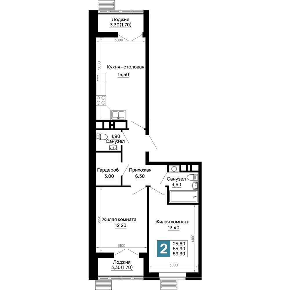 Планировка: 2-комн. квартира 59,3 м²