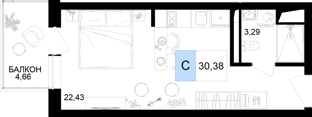 Планировка 2-комнатная 42,59 м²
