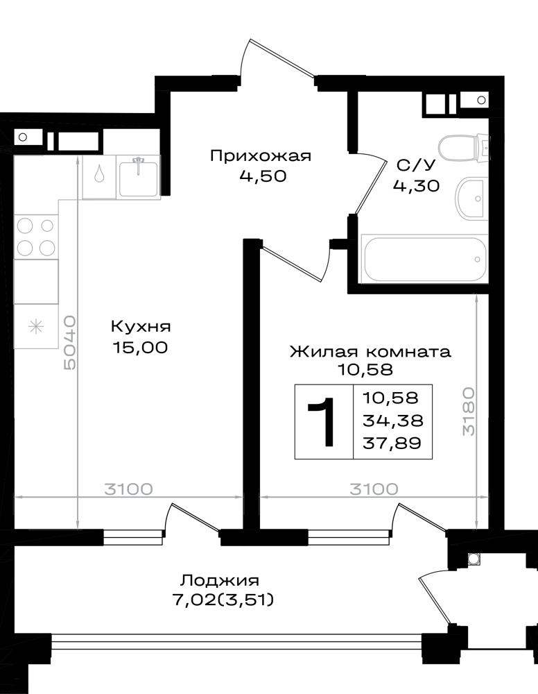 Планировка: 1-комн. квартира 37,9 м²