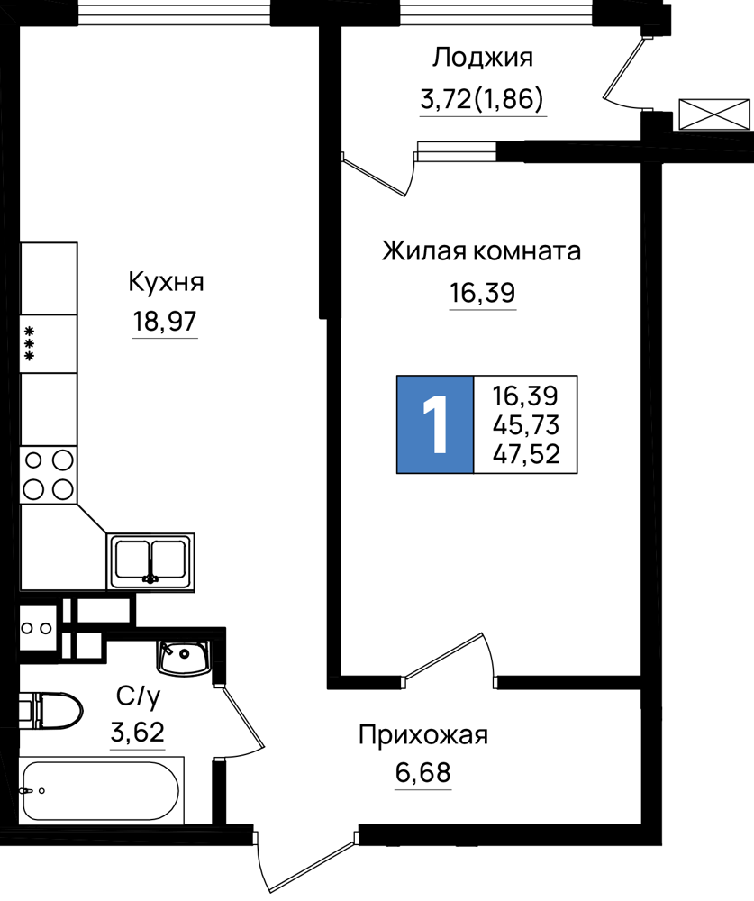 Планировка 1-комнатная 47,52 м²