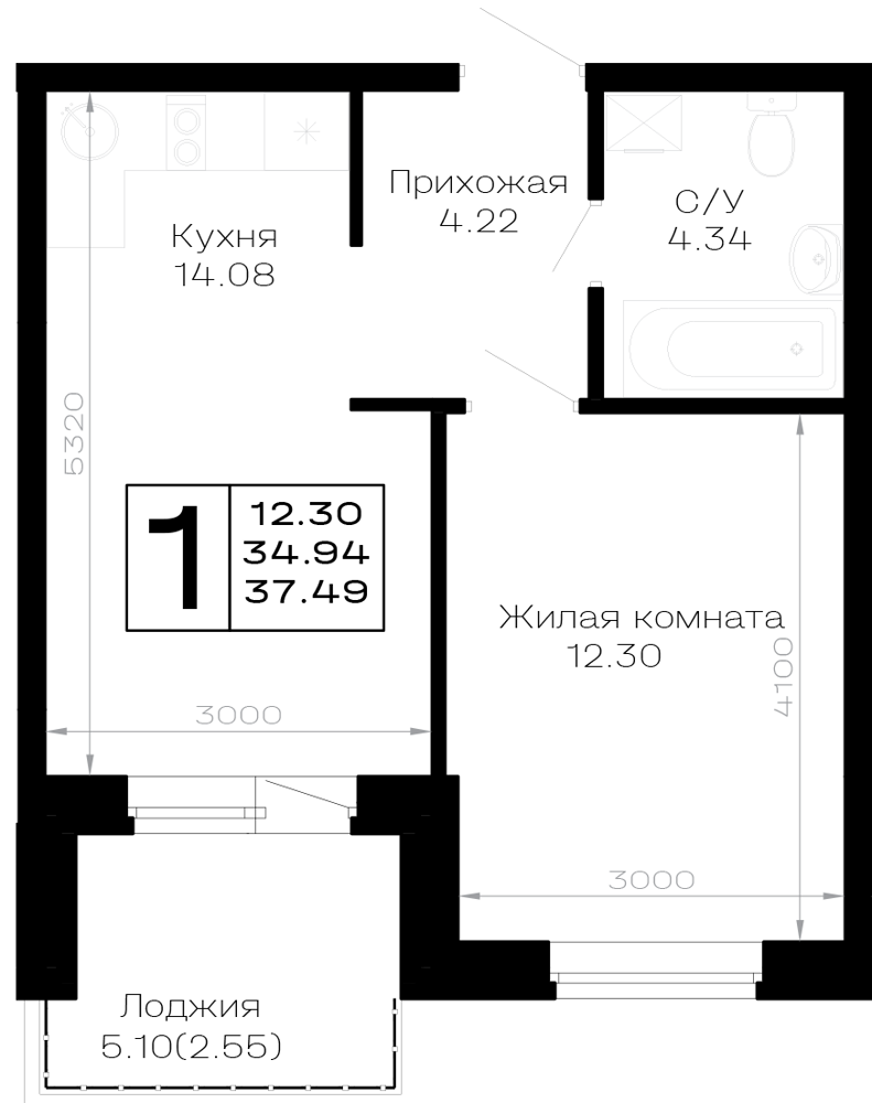 Планировка 1-комнатная 37,49 м²