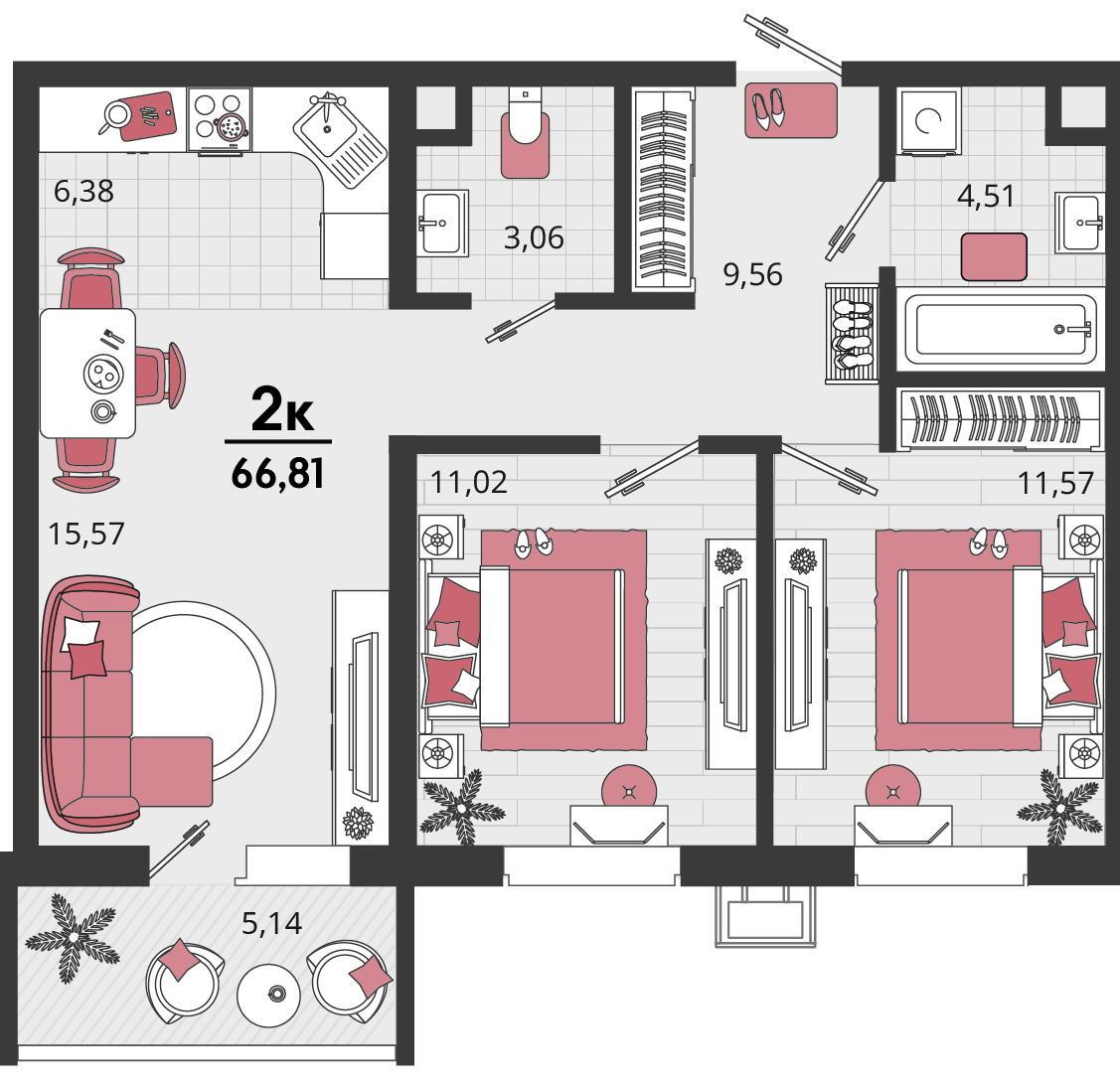 Планировка: 3-комн. квартира 63,2 м²