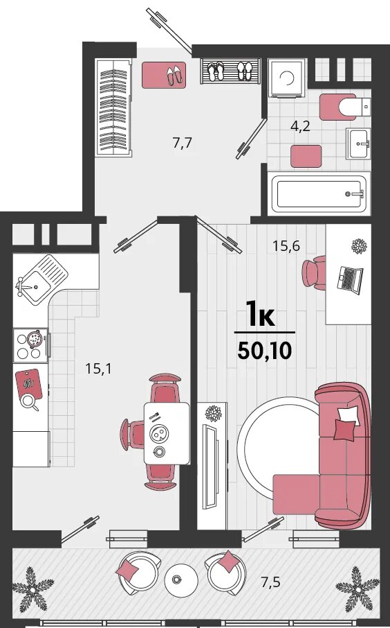 Планировка: 1-комн. квартира 47,4 м²