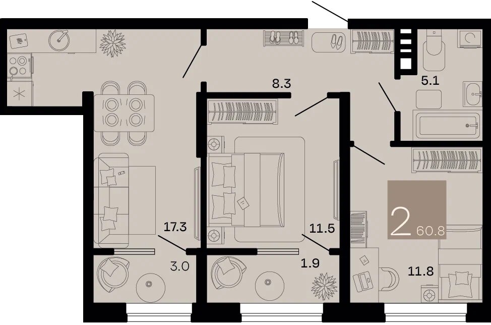 Планировка: 2-комн. квартира 57,4 м²