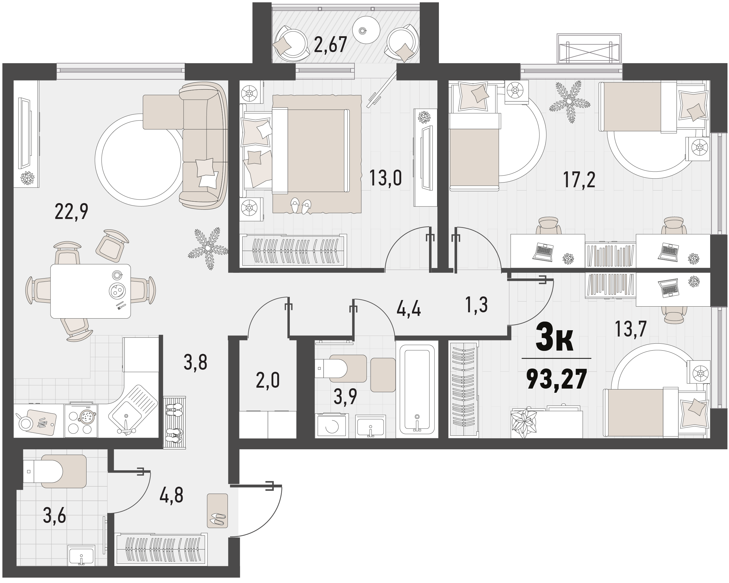 Планировка: 3-комн. квартира 91,4 м²