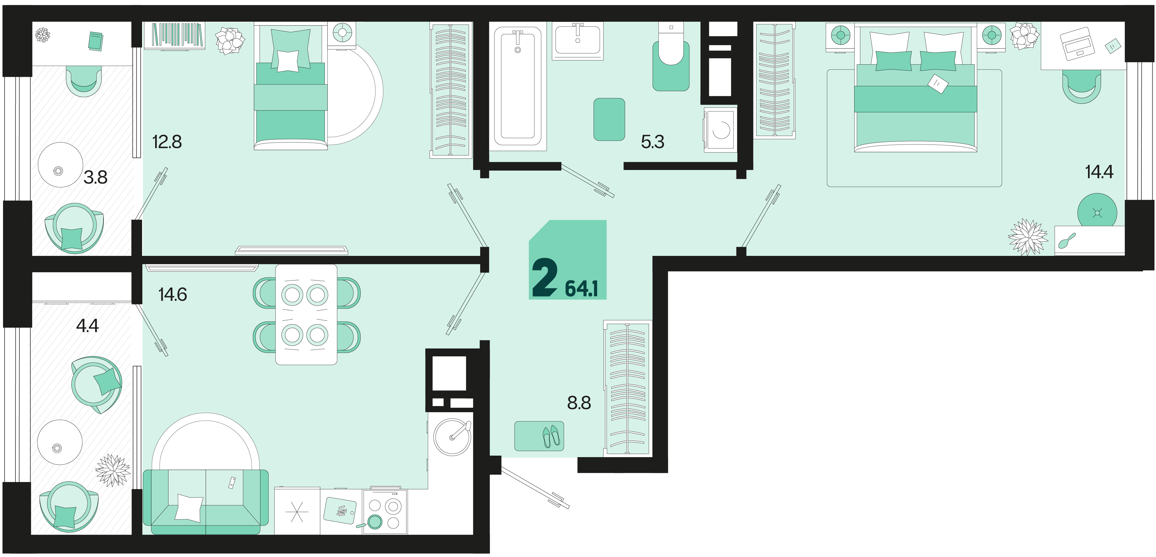 Планировка: 2-комн. квартира 60 м²