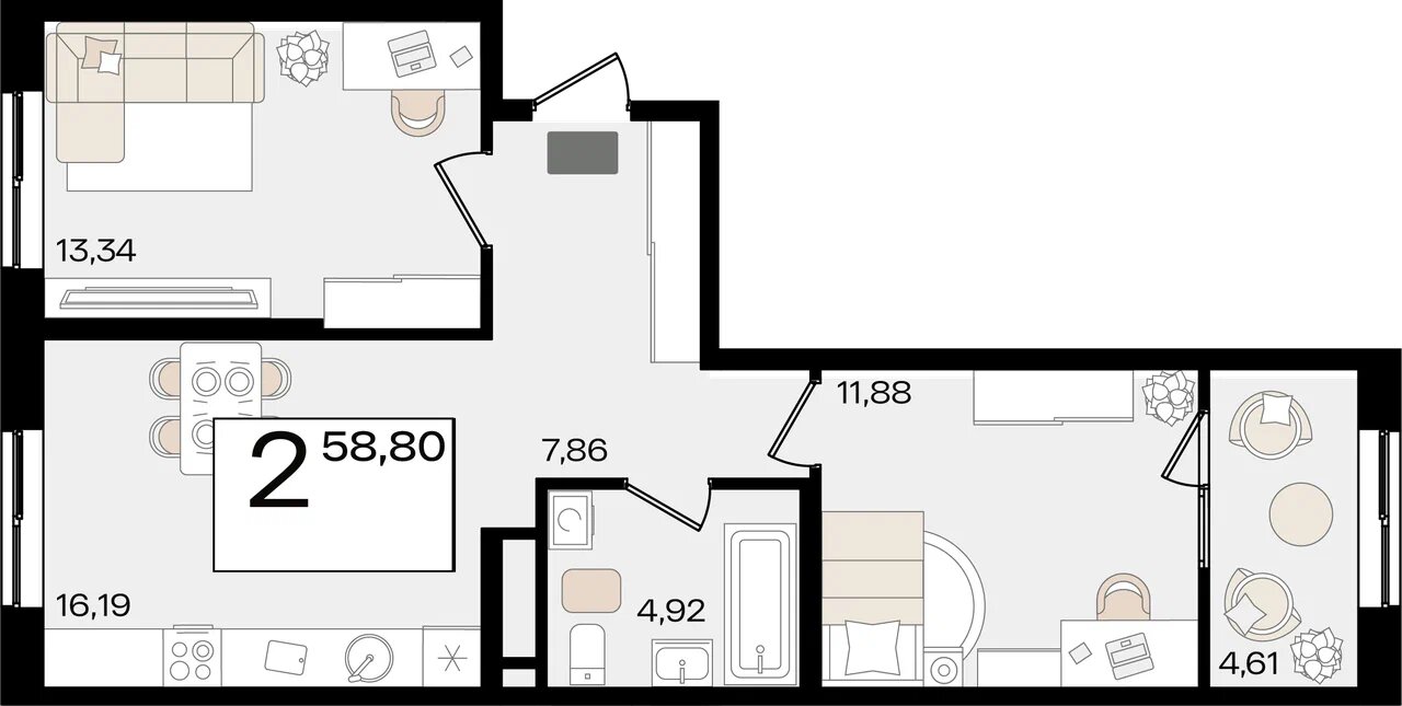 Планировка: 2-комн. квартира 56,7 м²