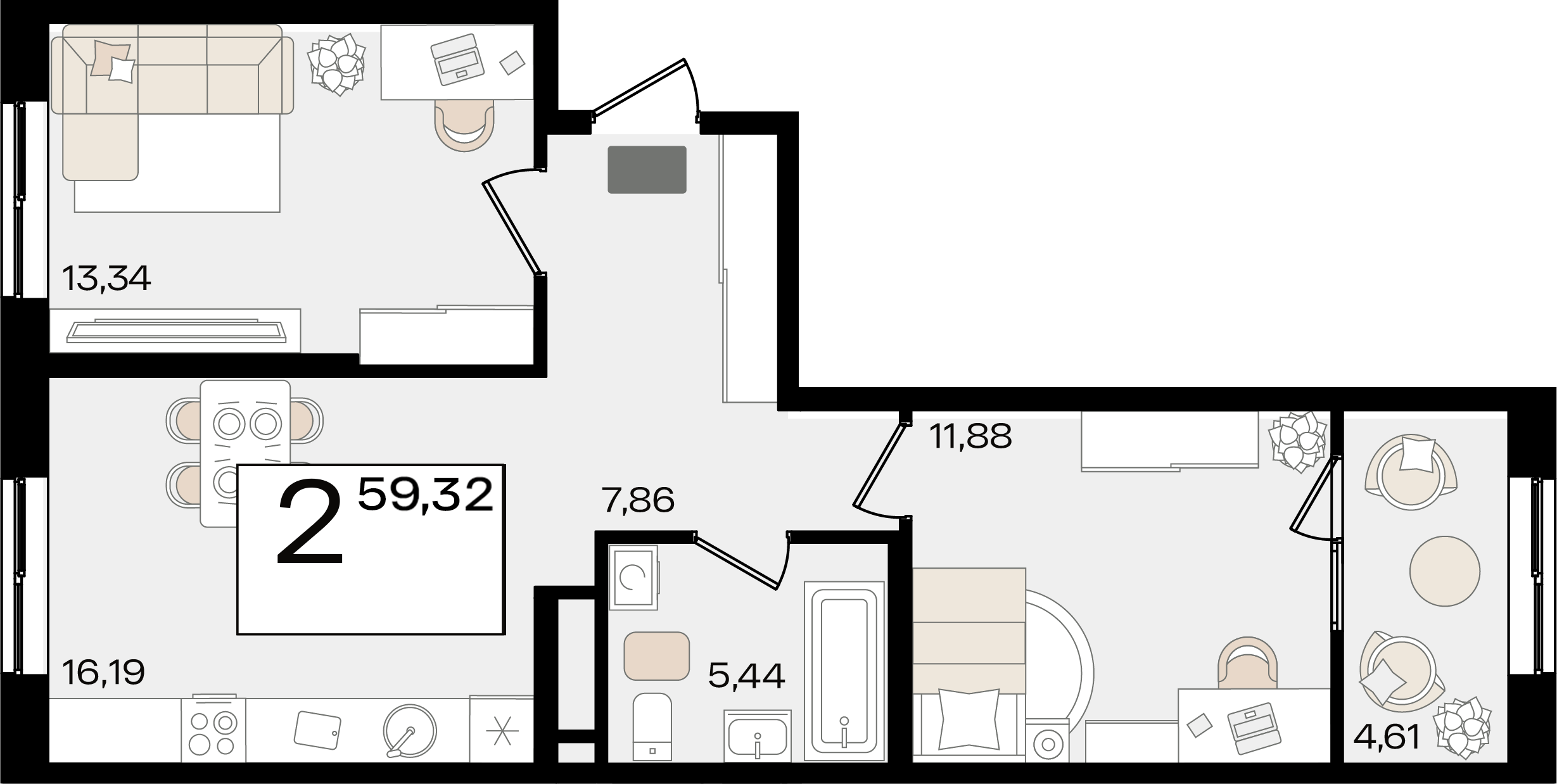 Планировка: 2-комн. квартира 57,1 м²