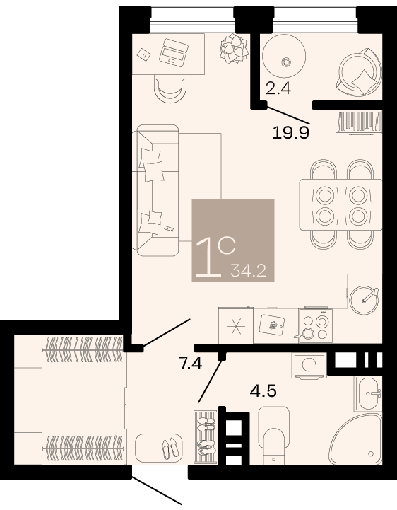 Планировка: Студия 33 м²