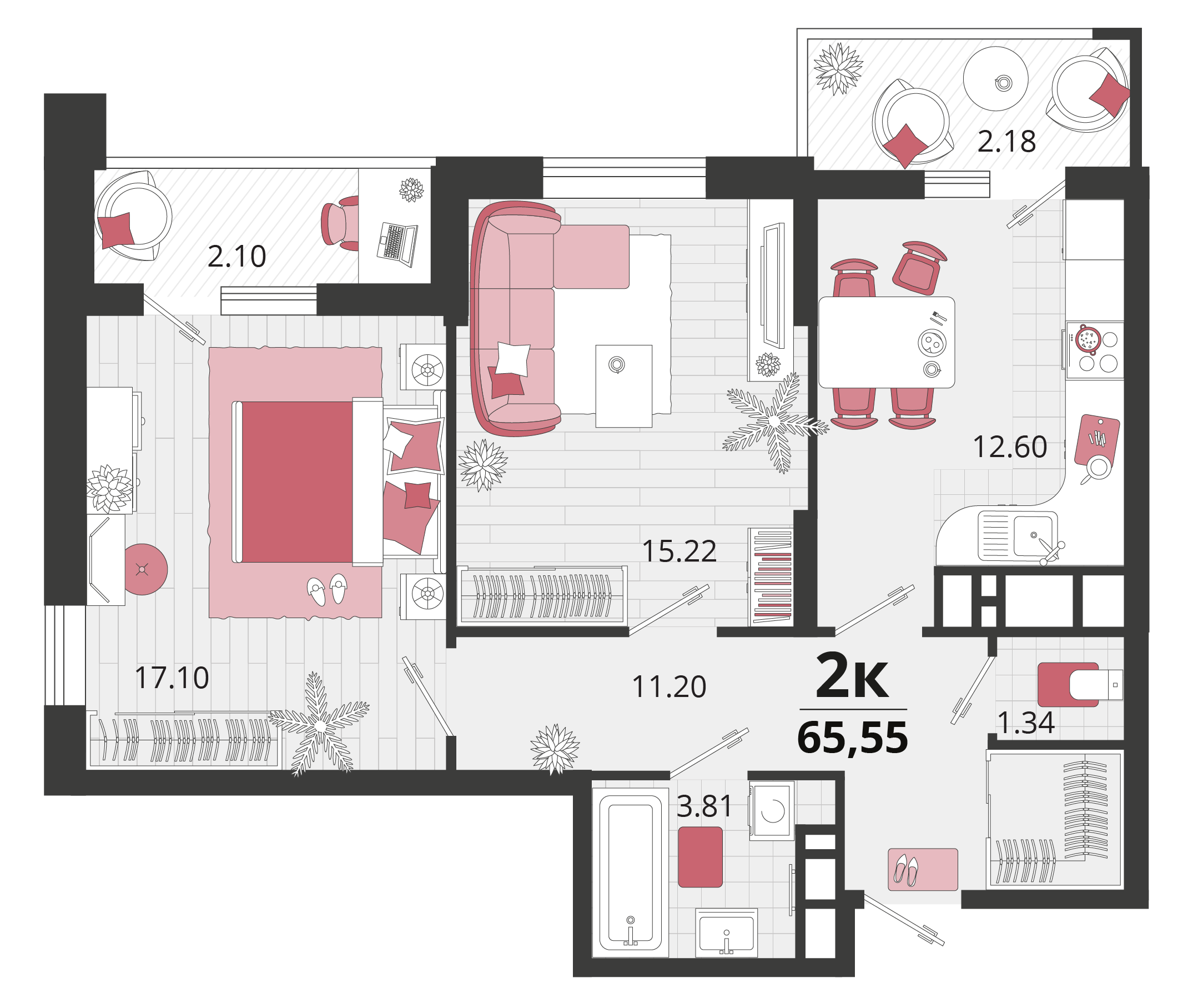 Планировка: 2-комн. квартира 65,2 м²