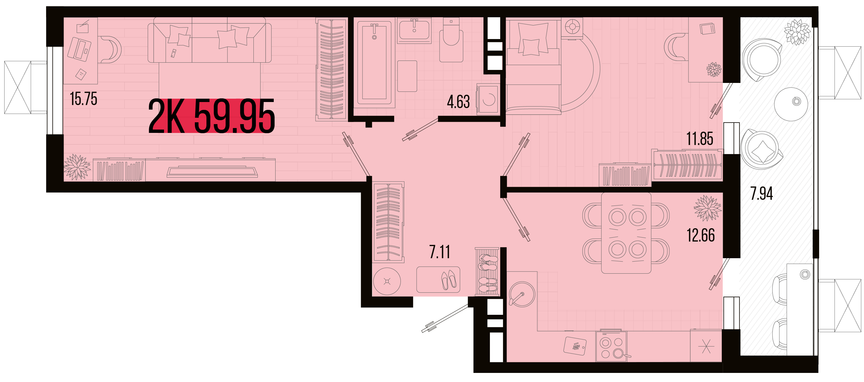 Планировка: 2-комн. квартира 56 м²