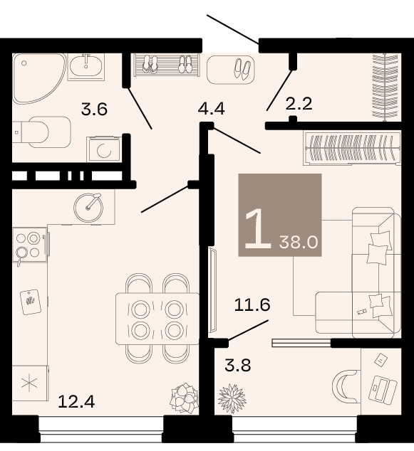 Планировка: 1-комн. квартира 36,1 м²