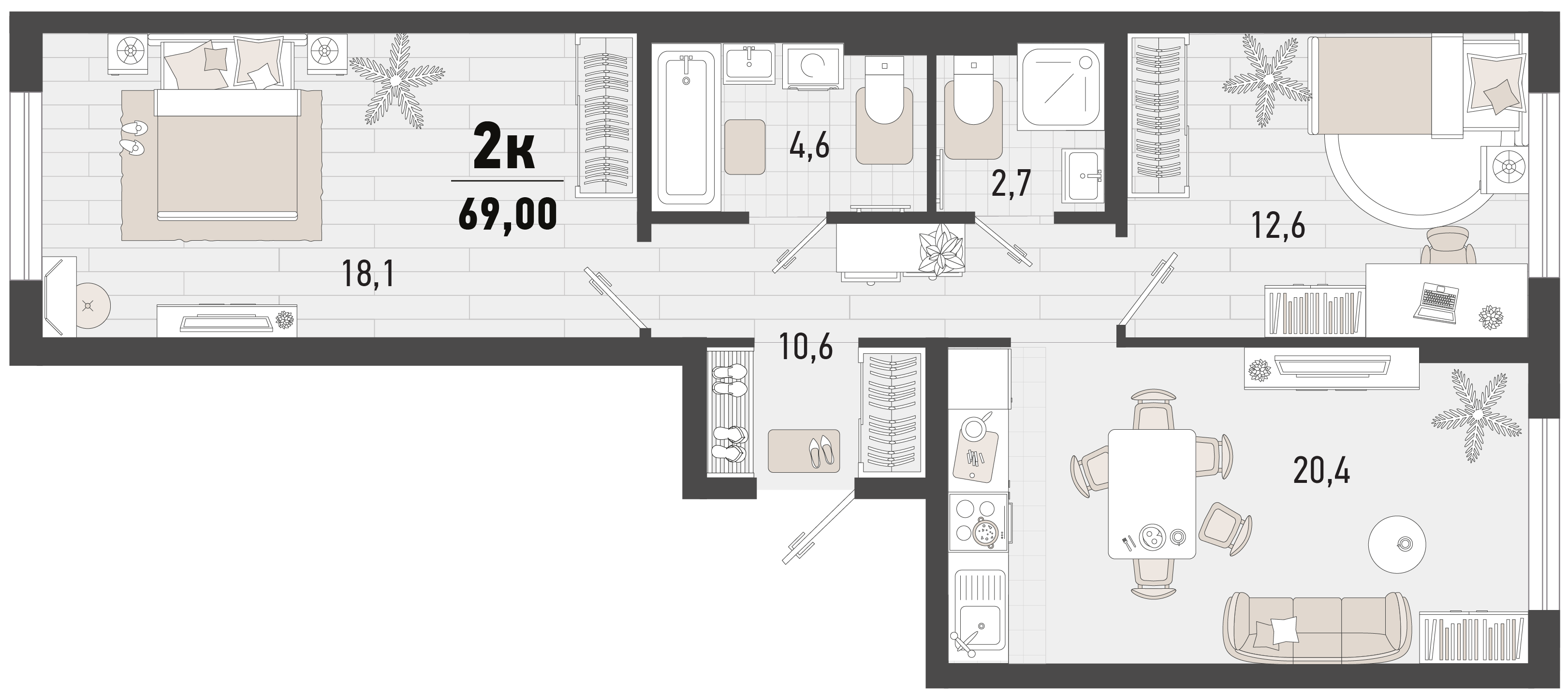Планировка: 2-комн. квартира 69 м²