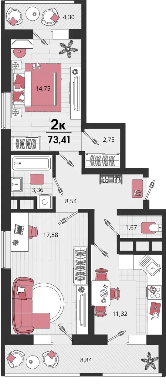 Планировка: 2-комн. квартира 67,8 м²