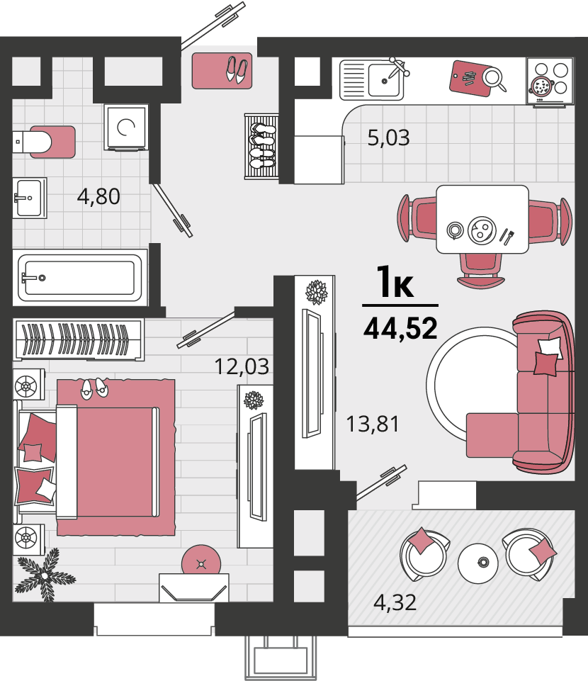 Планировка 2-комнатная 42,36 м²