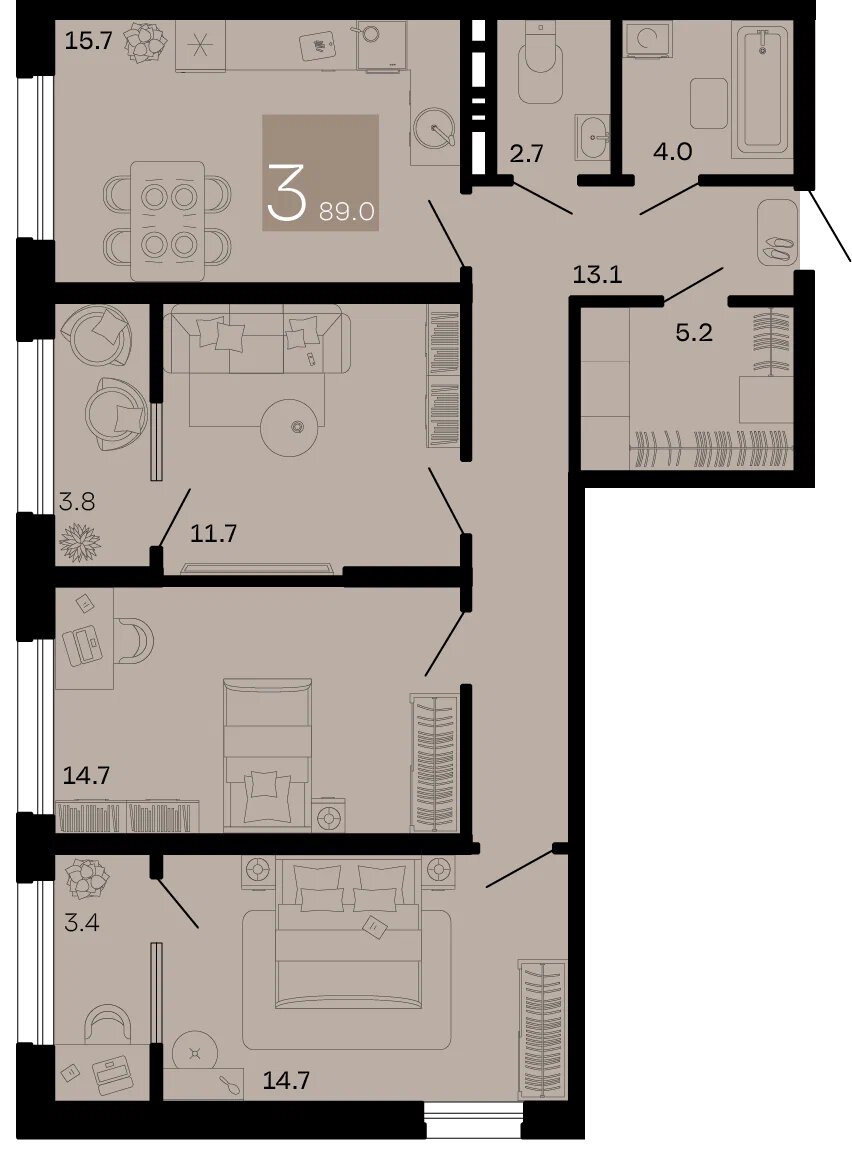 Планировка: 3-комн. квартира 85,4 м²