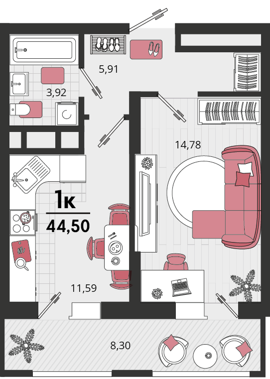 Планировка: 1-комн. квартира 40,4 м²