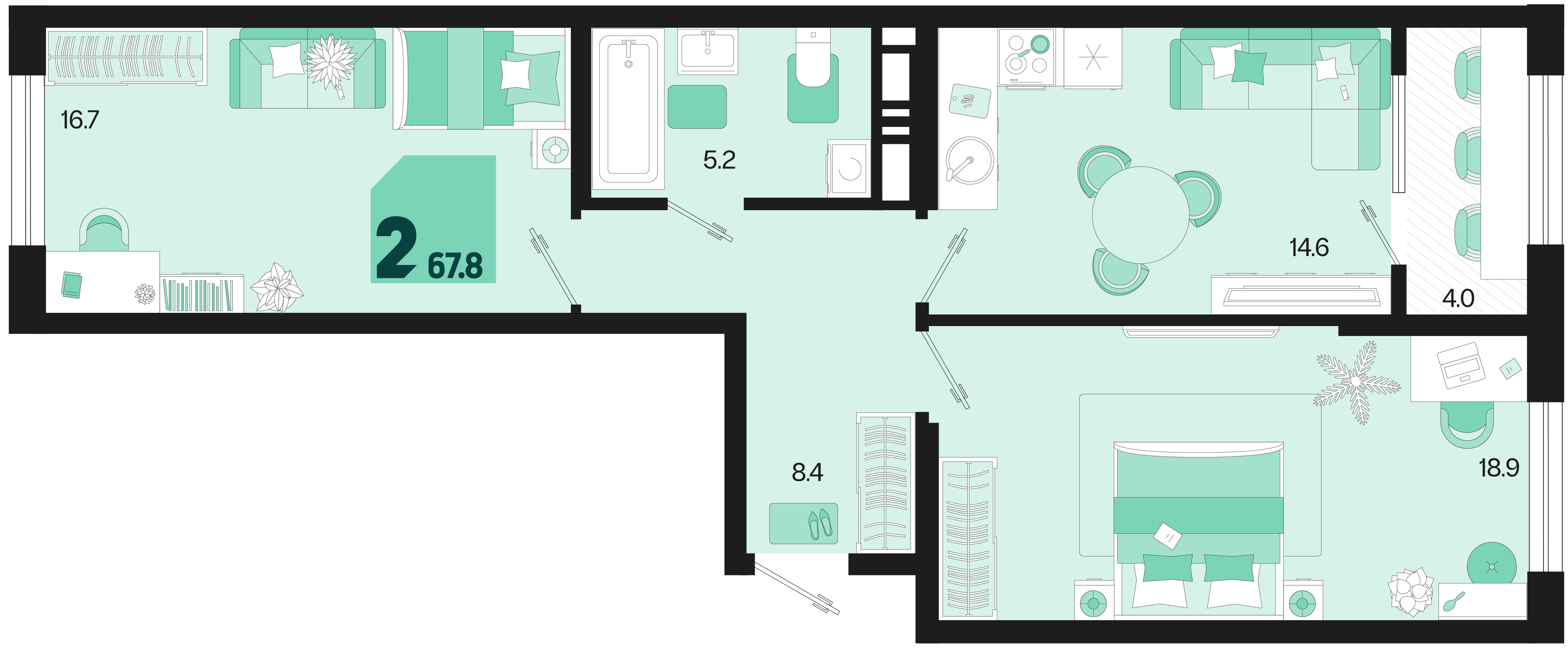 Планировка: 2-комн. квартира 65,8 м²