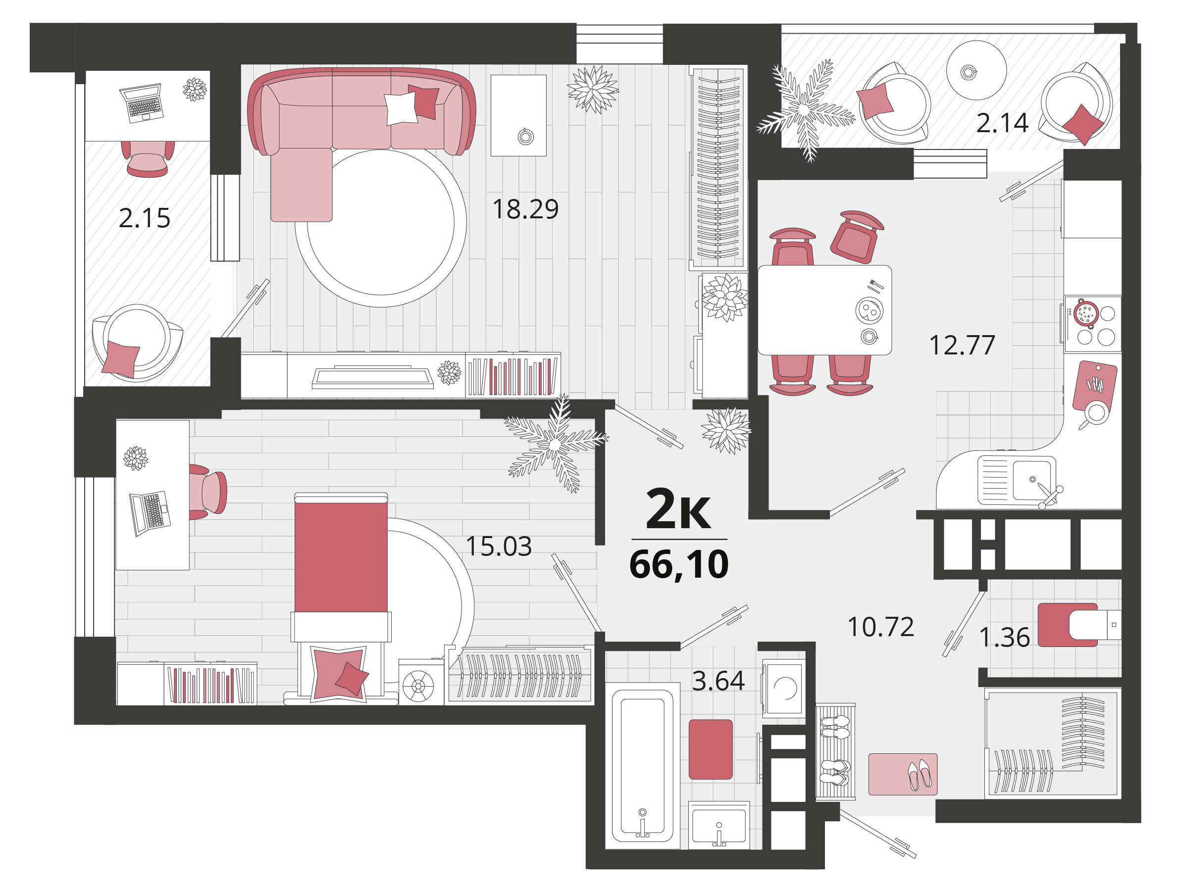 Планировка: 2-комн. квартира 66,6 м²