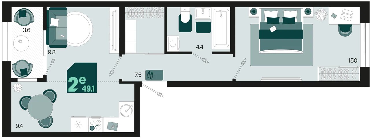 Планировка 2-комнатная 47,2 м²