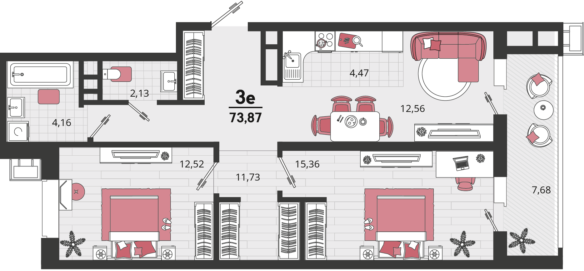 Планировка 3-комнатная 70,03 м²