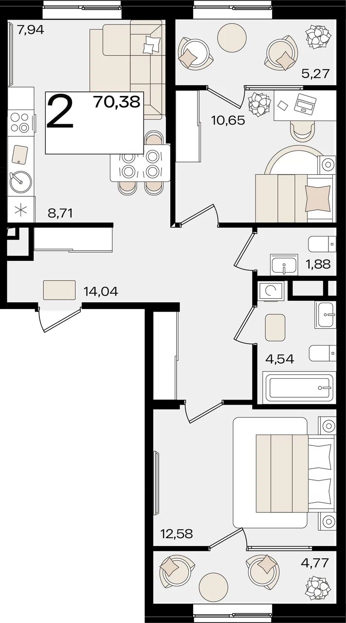 Планировка 3-комнатная 65,36 м²