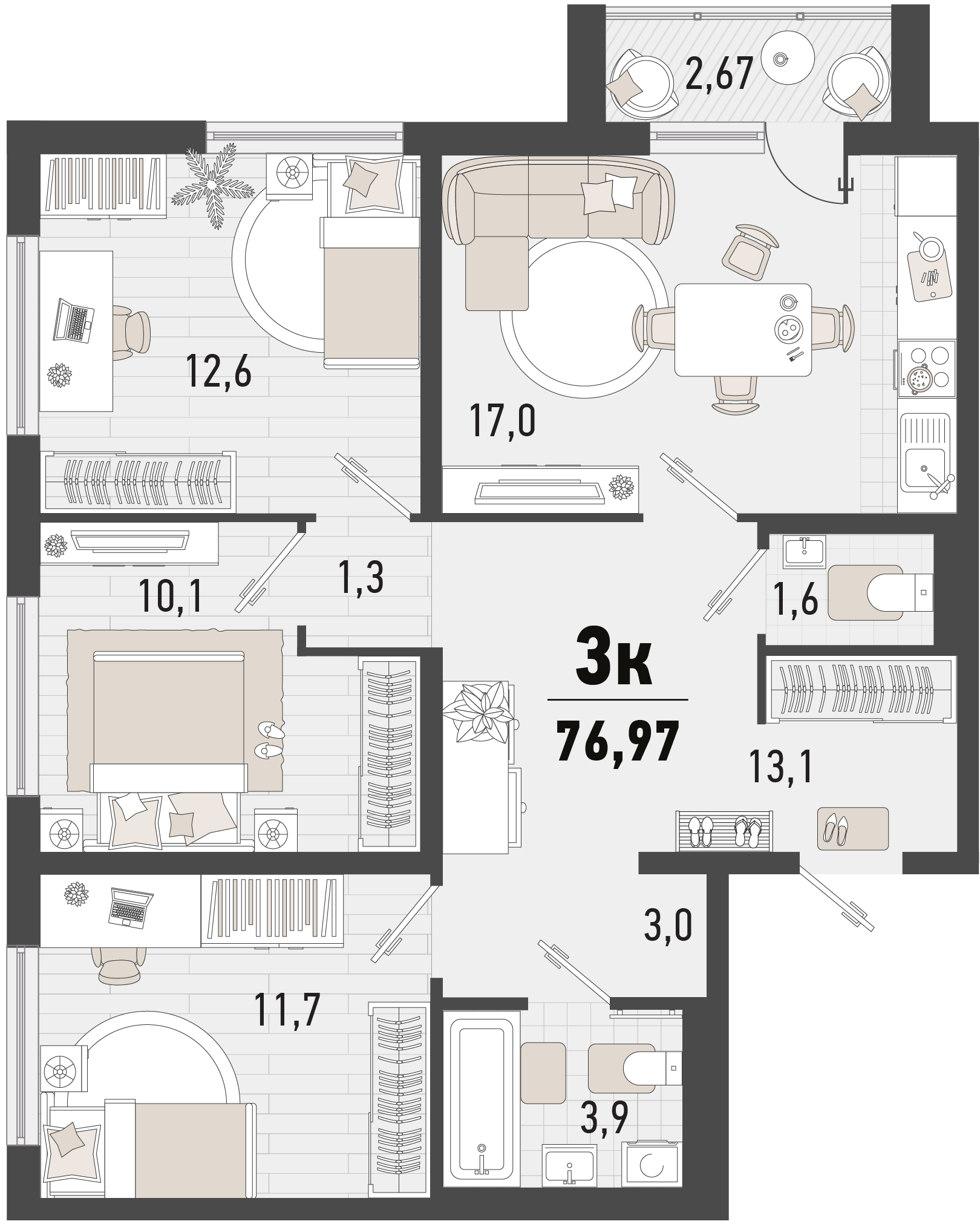 Планировка: 3-комн. квартира 75,1 м²