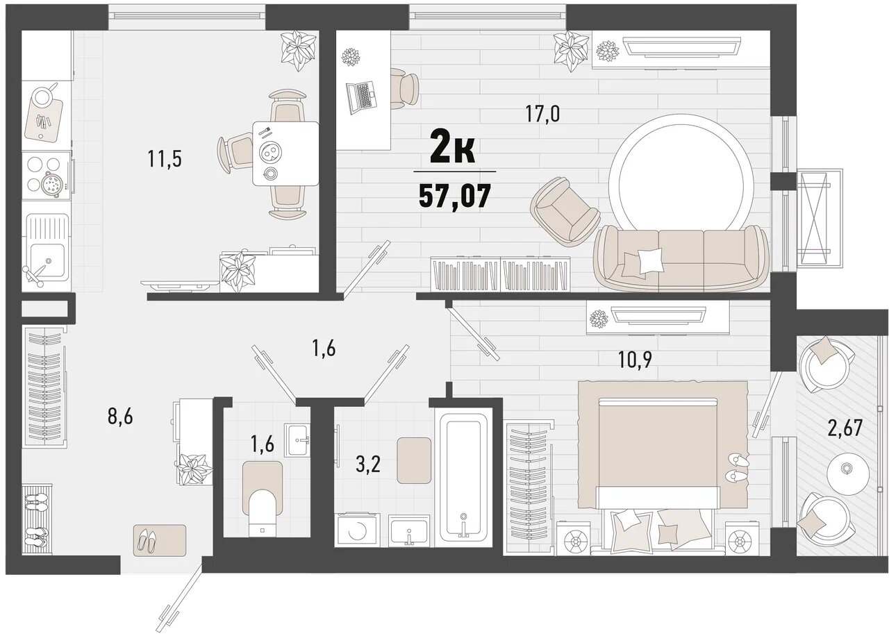 Планировка 2-комнатная 55,2 м²