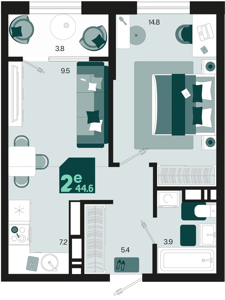 Планировка 2-комнатная 42,7 м²